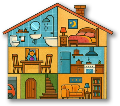 Изучение первых английских слов - комнаты и части дома